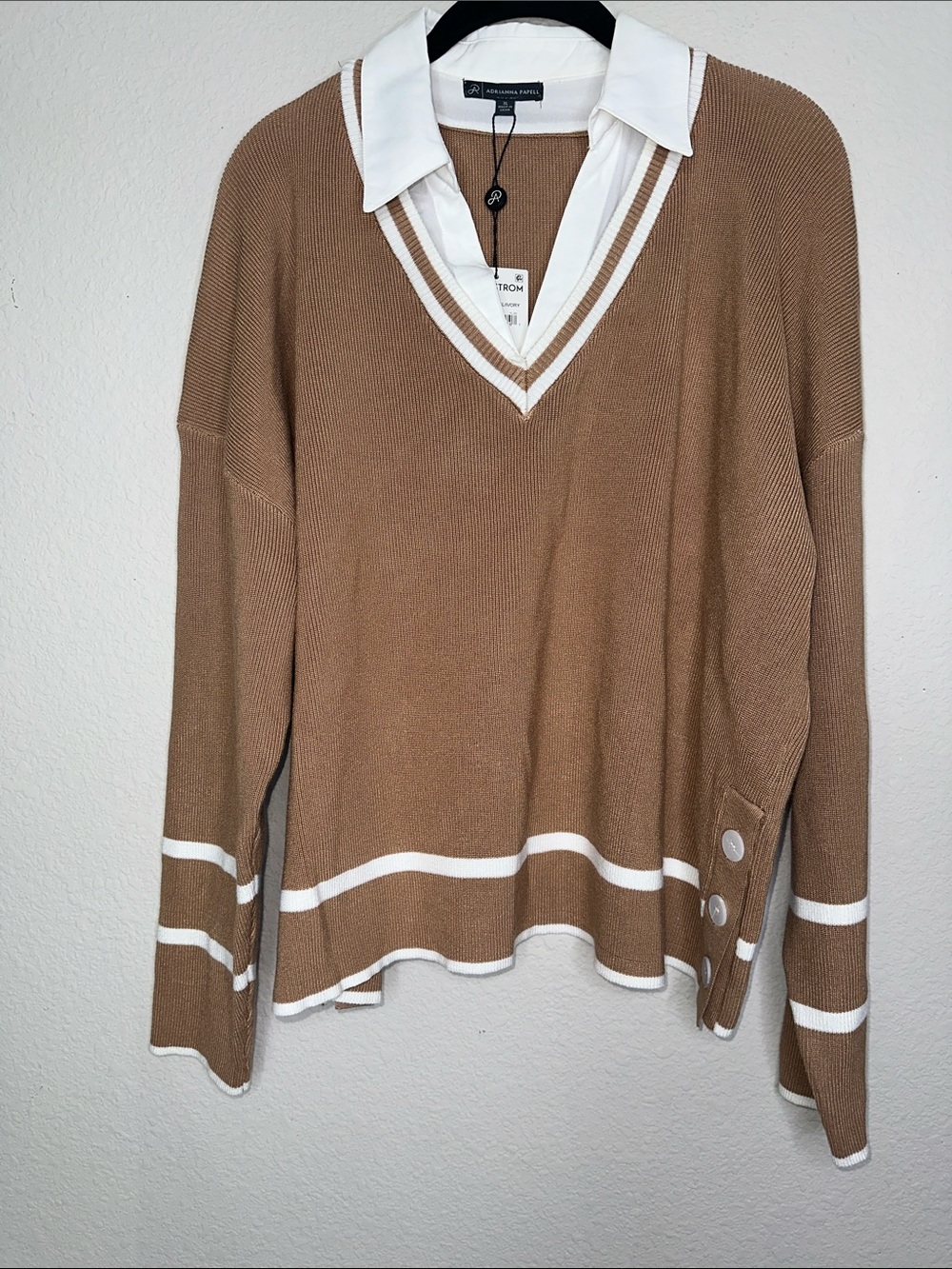 Adrianna Papell Camel V-Neck Sweater with White Stripes